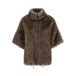 Brown Short Shearling Jacket with high collar and wide short sleeves in ecofur for women