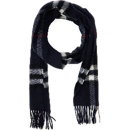 Blue Scarf with Fringed Edges and All-Over Check Motif in Cashmere for Women