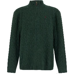 Green High Neck Sweater with Half Zip on the Front and Pony on the Front in Wool and Cashmere for Men