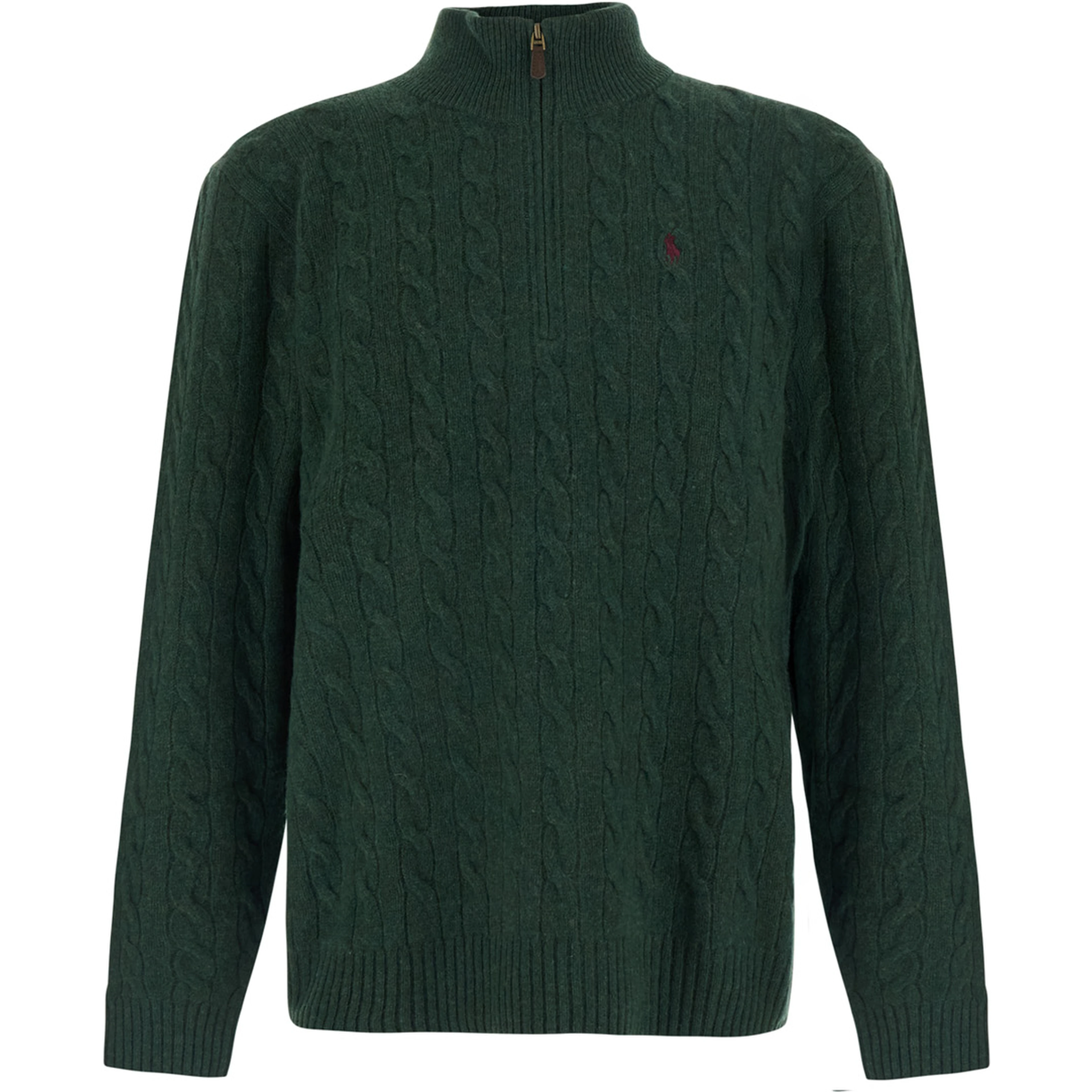Green High Neck Sweater with Half Zip on the Front and Pony on the Front in Wool and Cashmere for Men