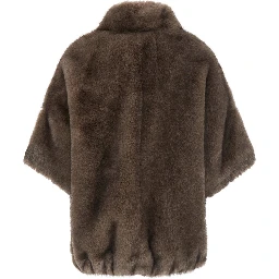 Brown Short Shearling Jacket with high collar and wide short sleeves in ecofur for women