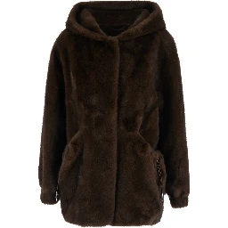 Brown Fur Hooded Coat with Front Drawstring in Eco Fur for Women