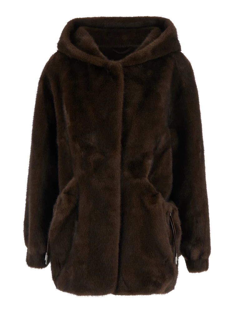 Brown Fur Hooded Coat with Front Drawstring in Eco Fur for Women