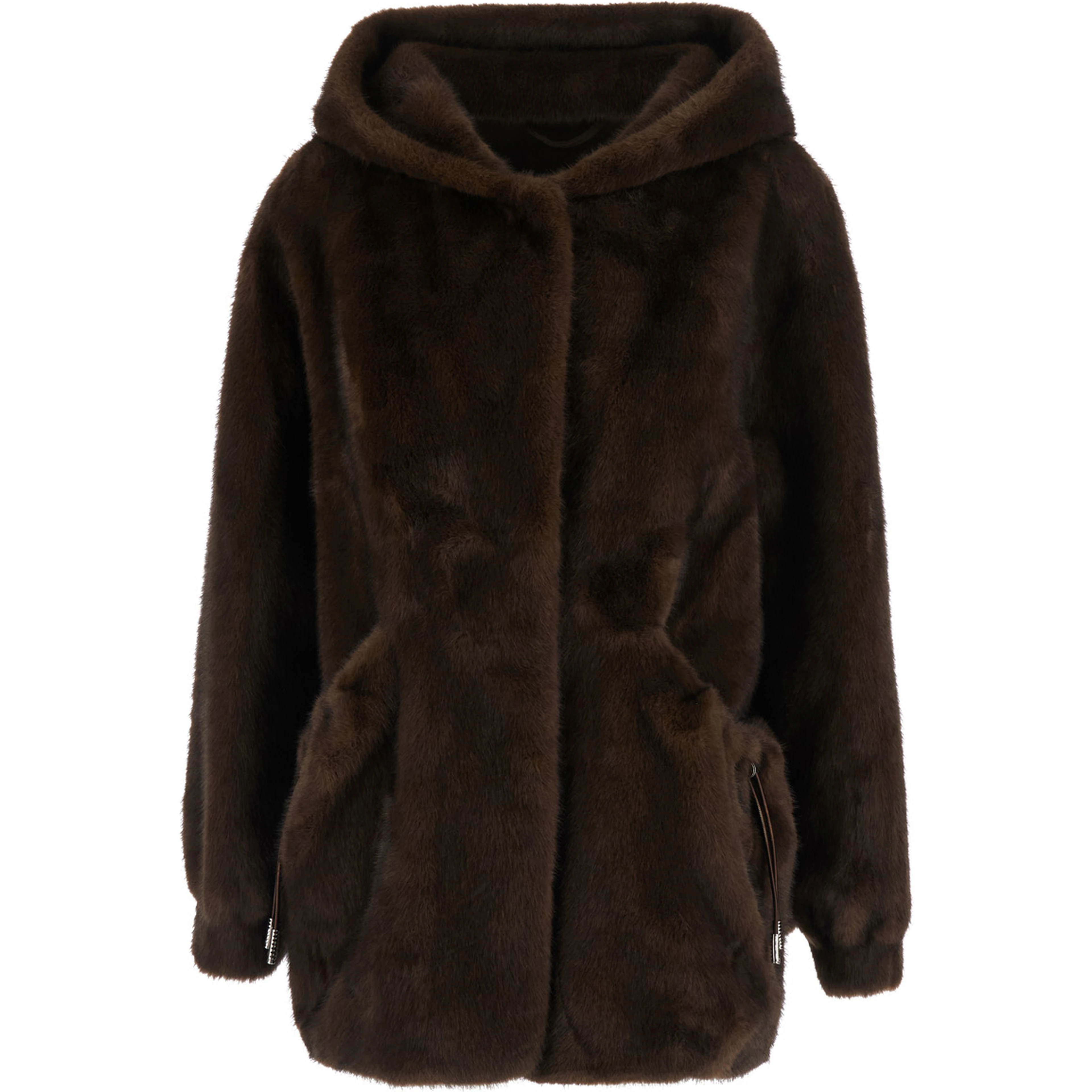 Brown Fur Hooded Coat with Front Drawstring in Eco Fur for Women