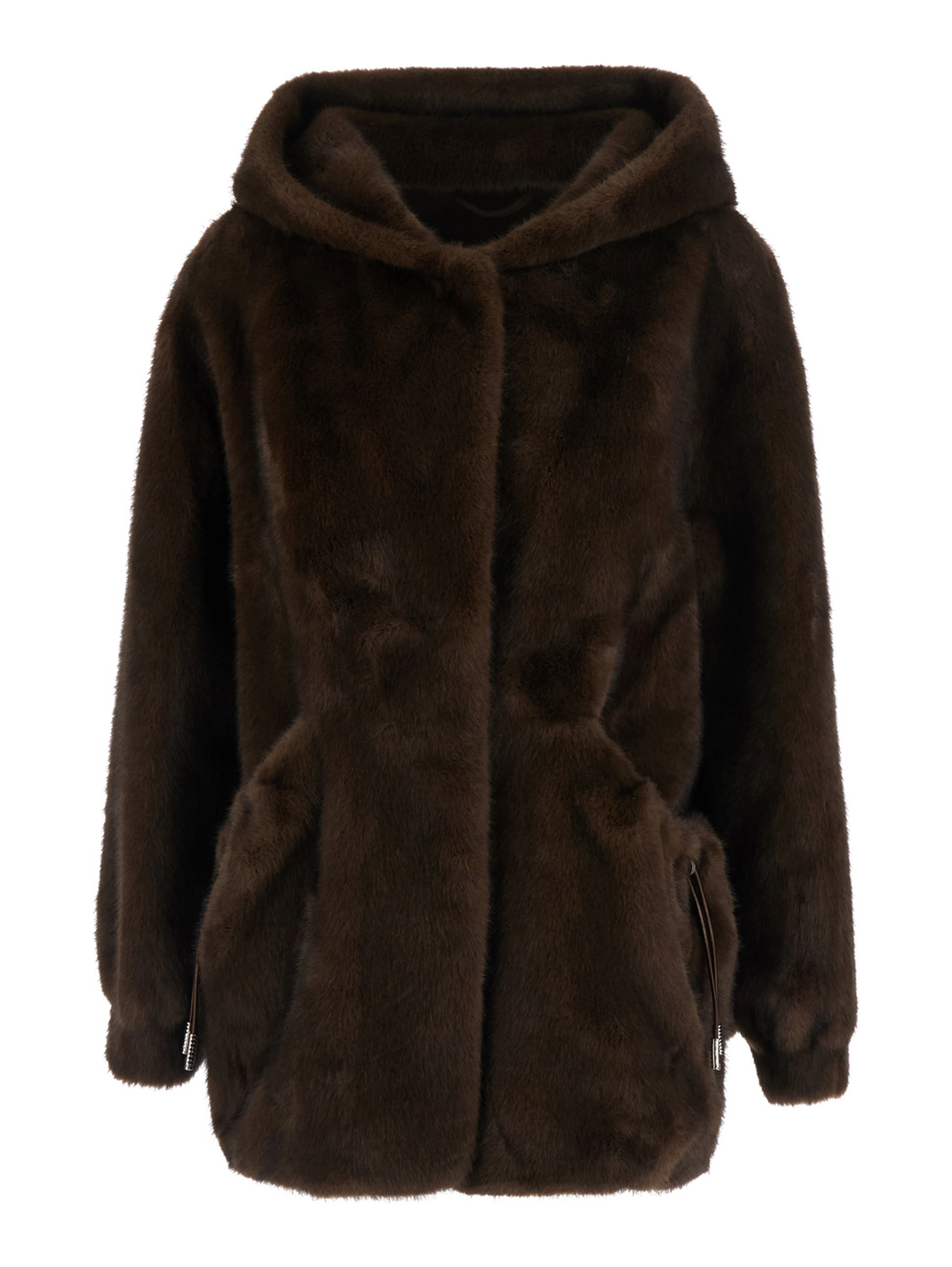 Brown Fur Hooded Coat with Front Drawstring in Eco Fur for Women