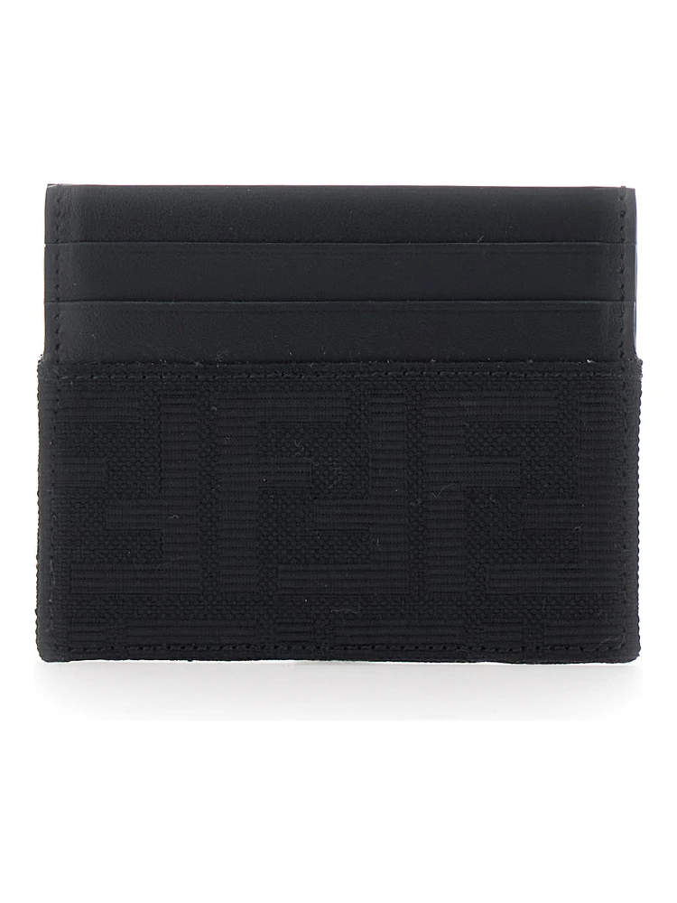 Black Cardholder with FF motif in leather and fabric for men