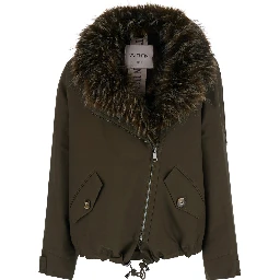 Green Jacket with wide fur collar and off-center zip closure on the front in cotton for women