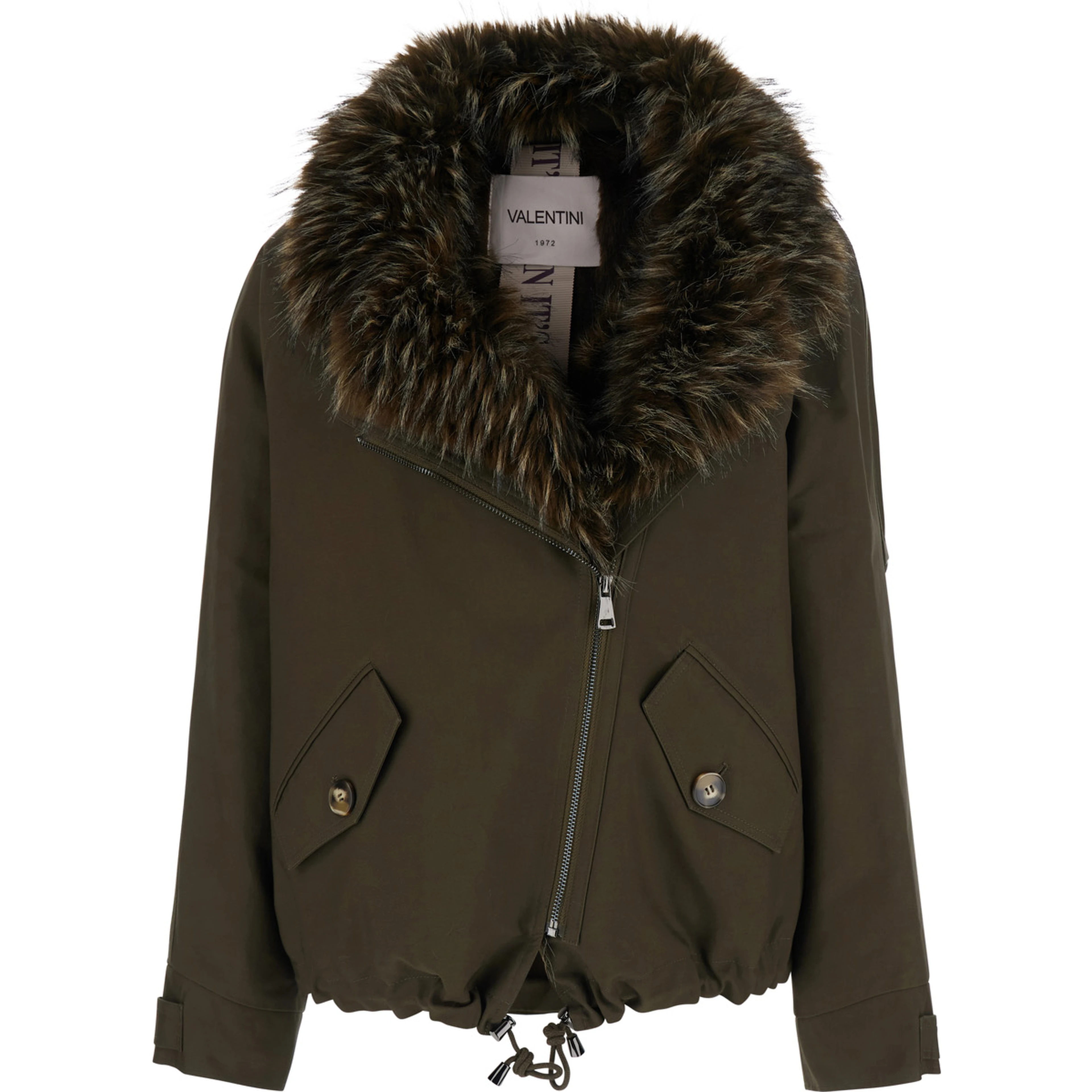Green Jacket with wide fur collar and off-center zip closure on the front in cotton for women