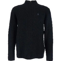 High Neck Sweater with Pony Embroidery on the Front and Half Zip Closure in Black Wool and Cashmere for Men