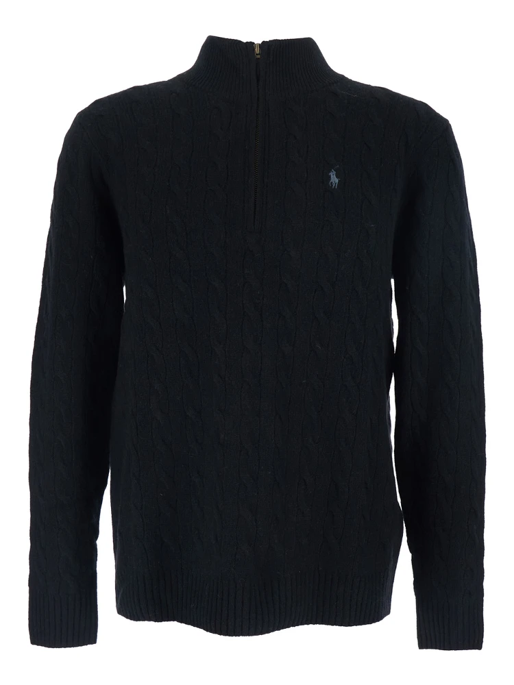 High Neck Sweater with Pony Embroidery on the Front and Half Zip Closure in Black Wool and Cashmere for Men