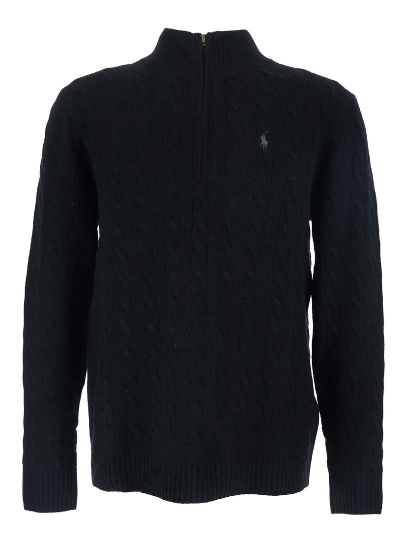 High Neck Sweater with Pony Embroidery on the Front and Half Zip Closure in Black Wool and Cashmere for Men