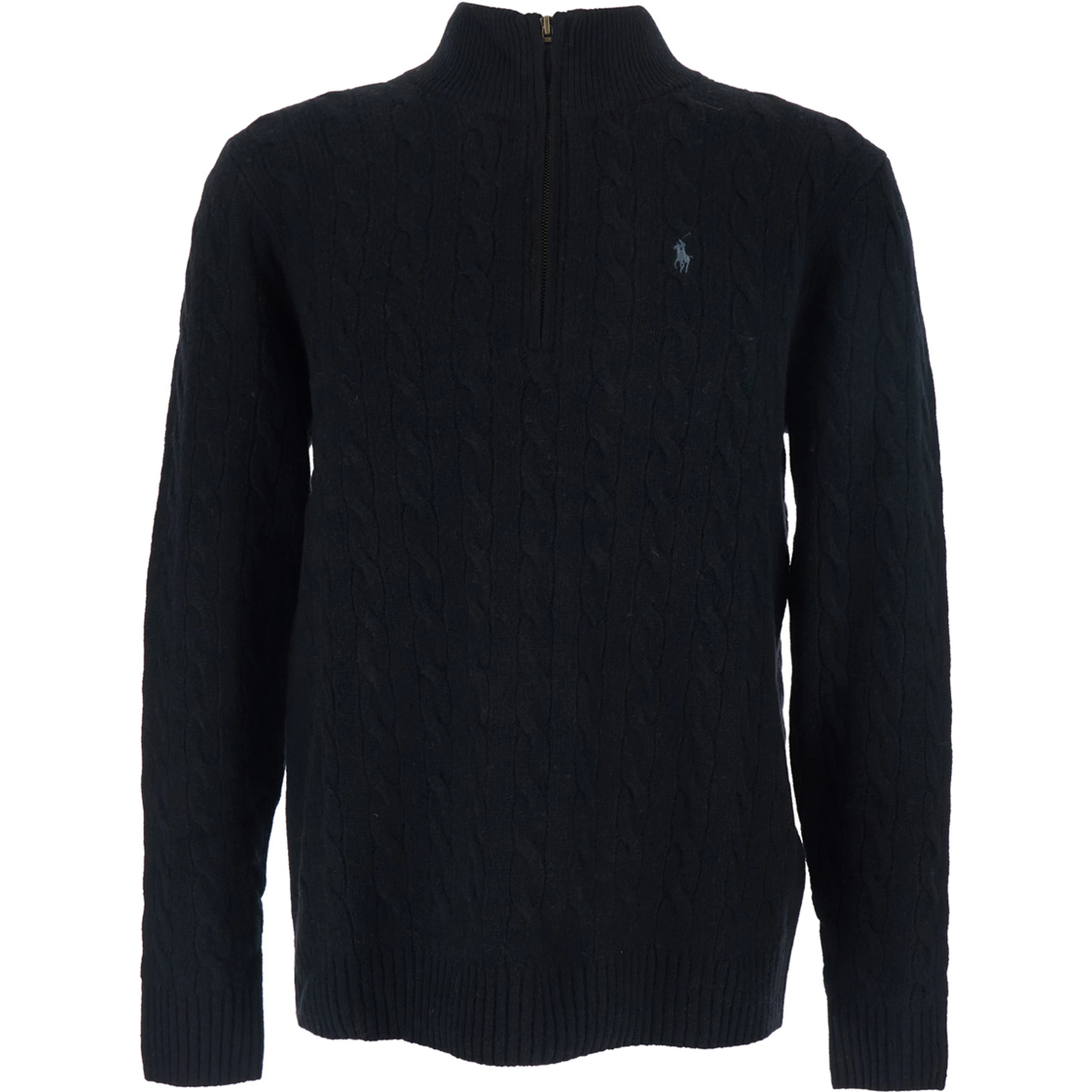 High Neck Sweater with Pony Embroidery on the Front and Half Zip Closure in Black Wool and Cashmere for Men