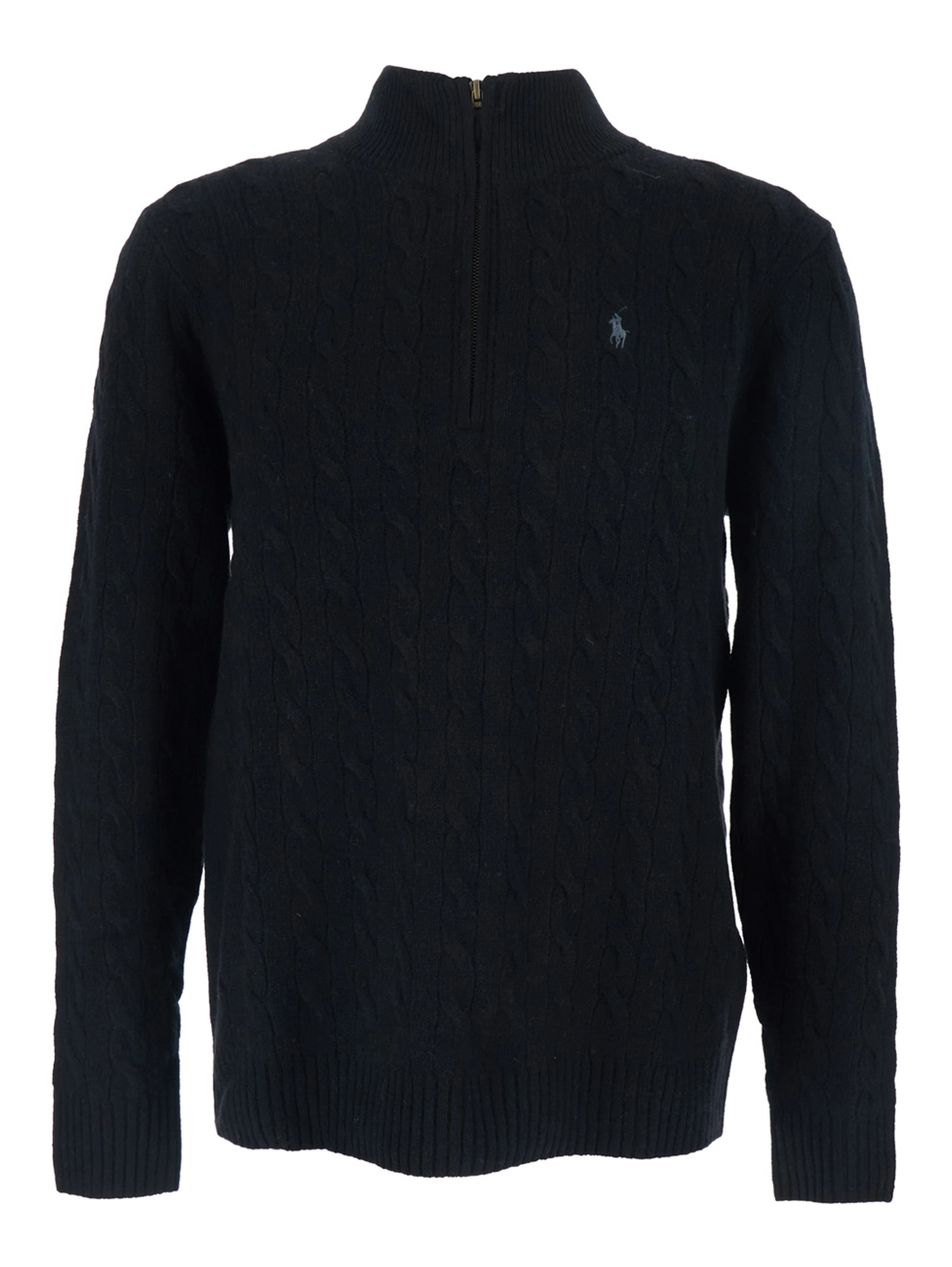 High Neck Sweater with Pony Embroidery on the Front and Half Zip Closure in Black Wool and Cashmere for Men