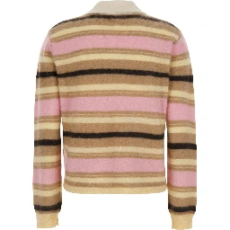 Multicolor Polo Shirt with Long Sleeves, Classic Collar and All-Over Striped Motif in Cashmere for Women