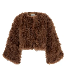Beige Short shearling jacket with round collar and three-quarter sleeves in fur for women