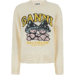 White Crewneck Sweater with Maxi Graphic on the Front in Blend Wool Women