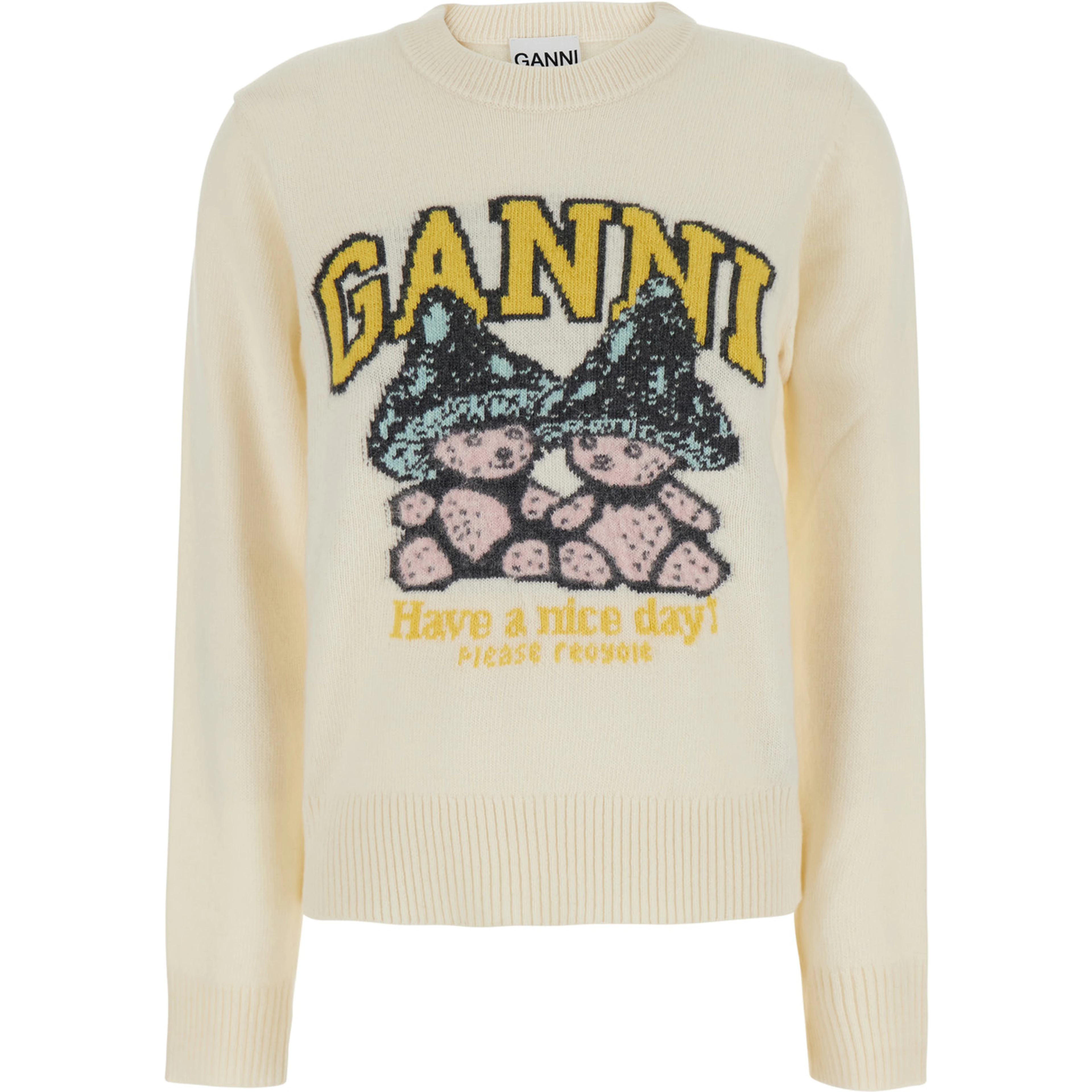 White Crewneck Sweater with Maxi Graphic on the Front in Blend Wool Women