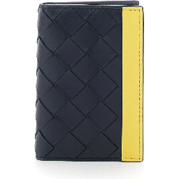 Blue Cardholder with Intreccio design and yellow stripe in leather for men
