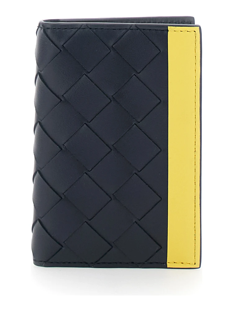 Blue Cardholder with Intreccio design and yellow stripe in leather for men