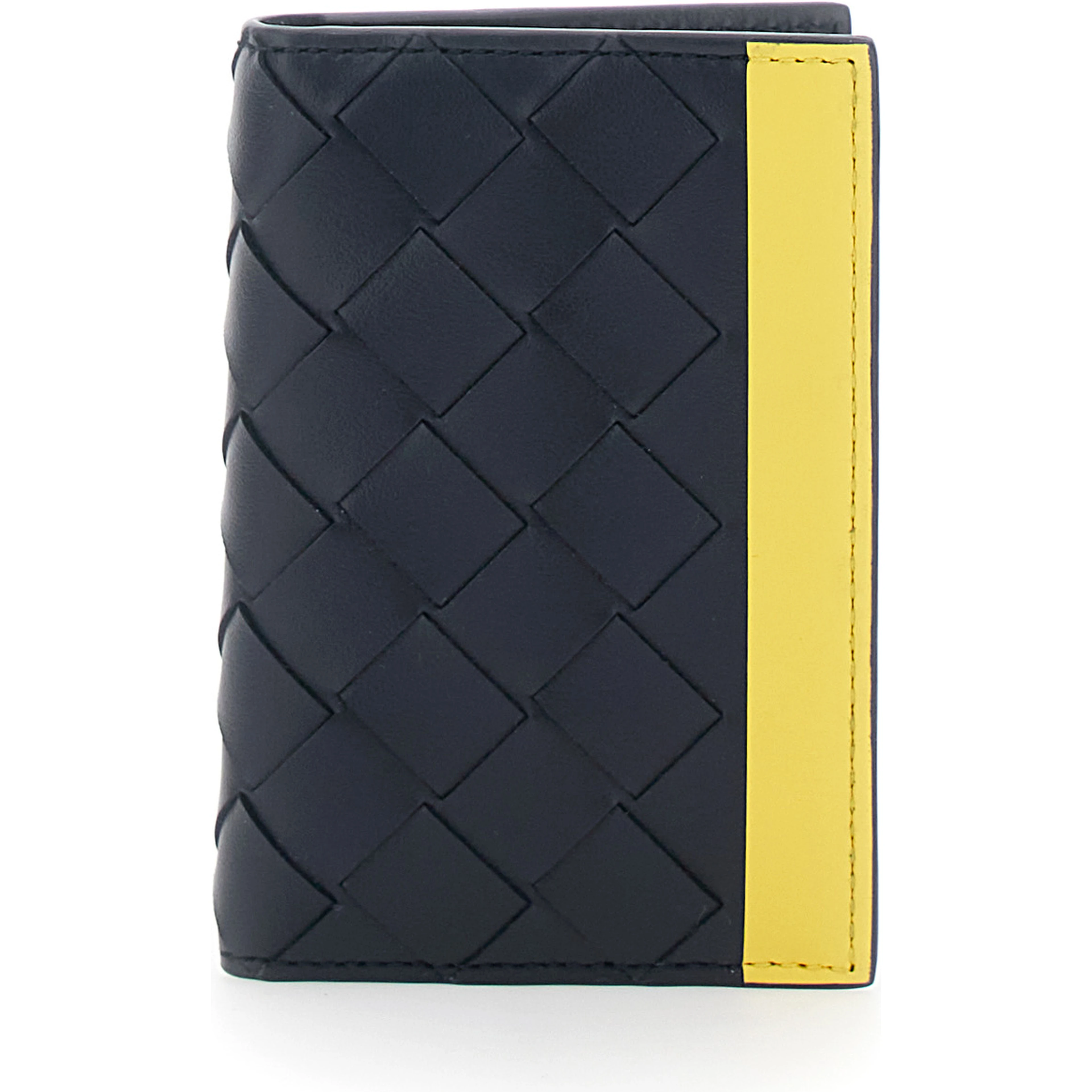 Blue Cardholder with Intreccio design and yellow stripe in leather for men