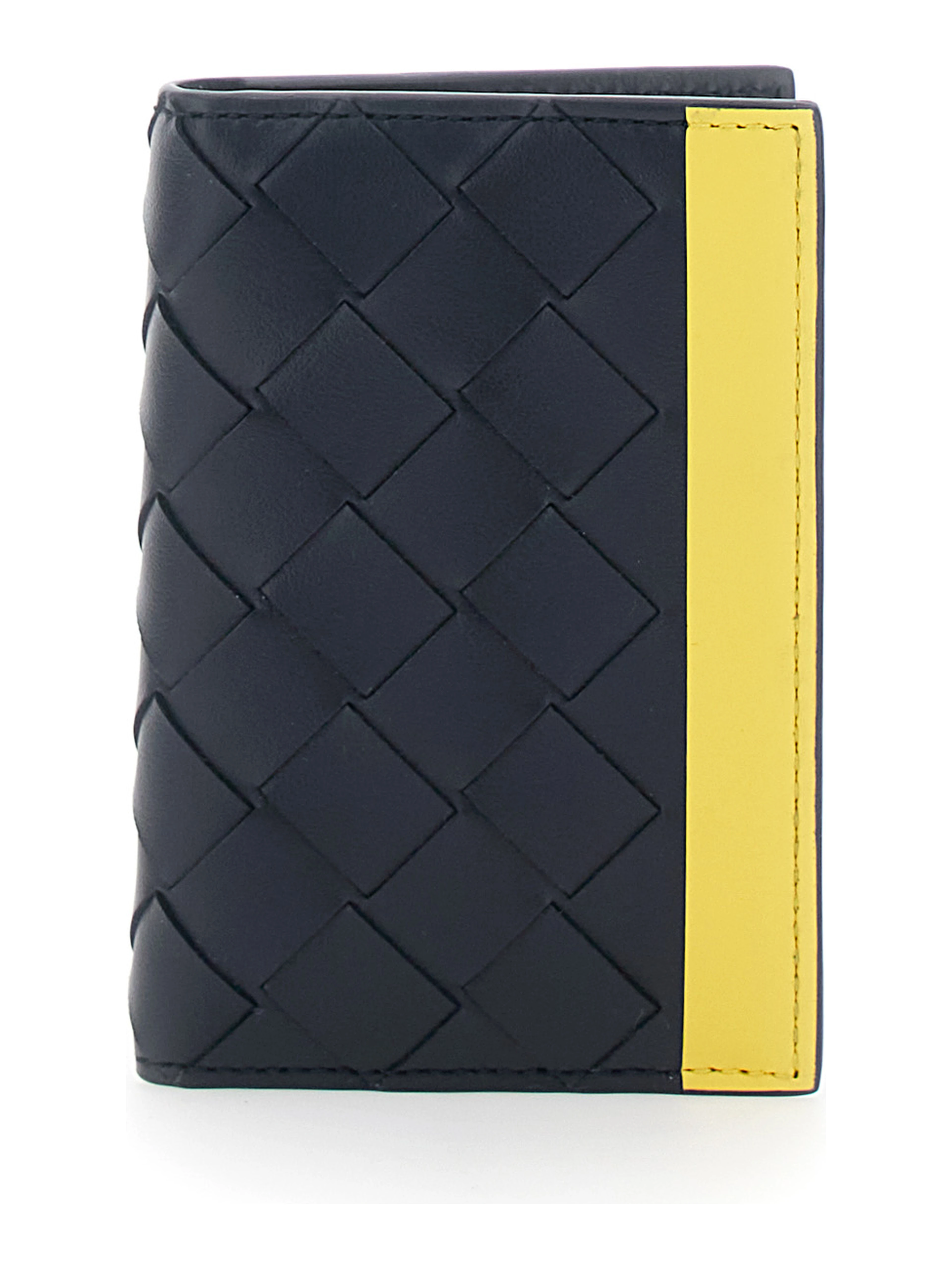 Blue Cardholder with Intreccio design and yellow stripe in leather for men