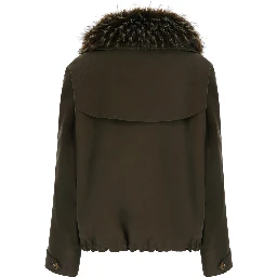 Green Jacket with wide fur collar and off-center zip closure on the front in cotton for women