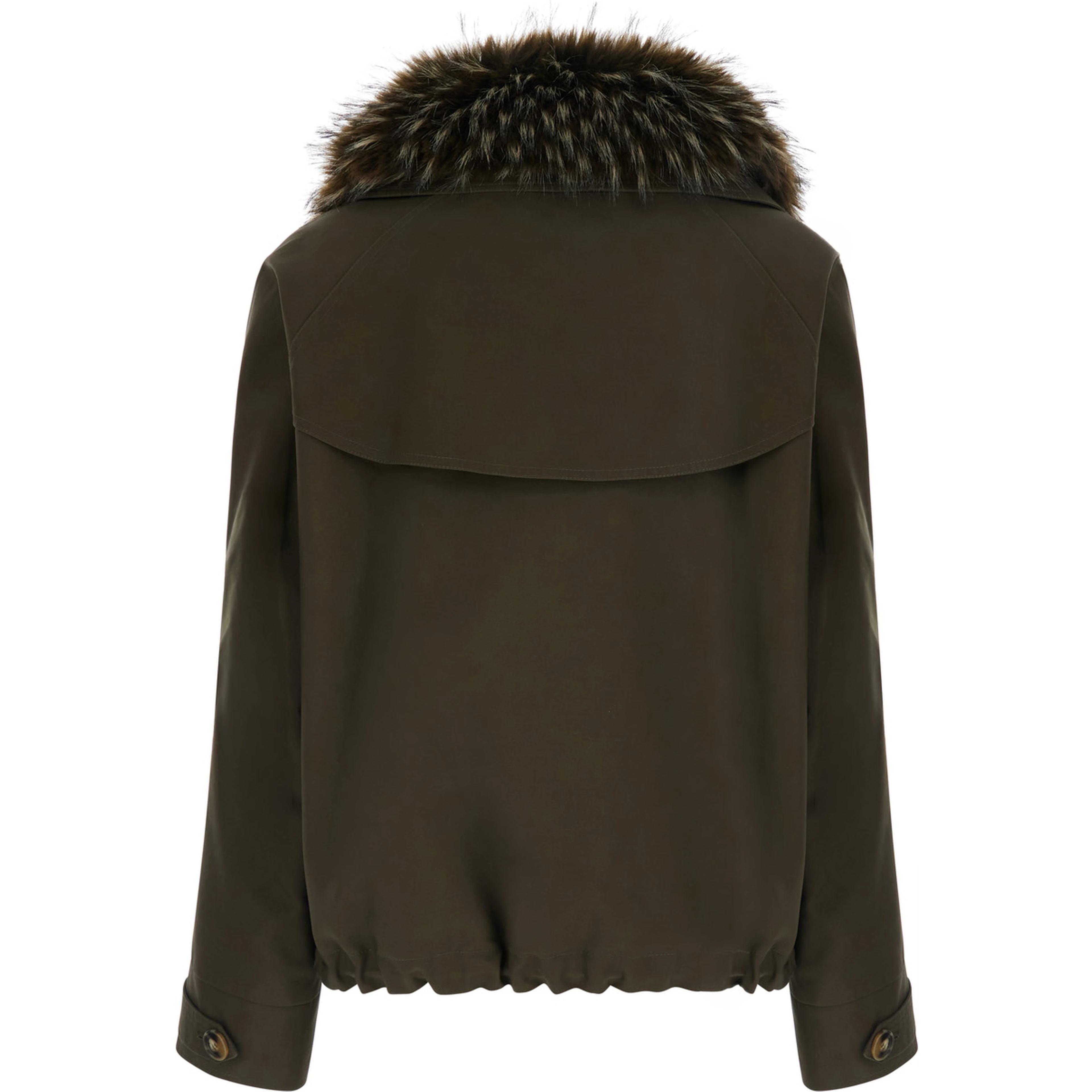 Green Jacket with wide fur collar and off-center zip closure on the front in cotton for women