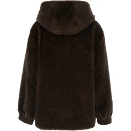 Brown Fur Hooded Coat with Front Drawstring in Eco Fur for Women