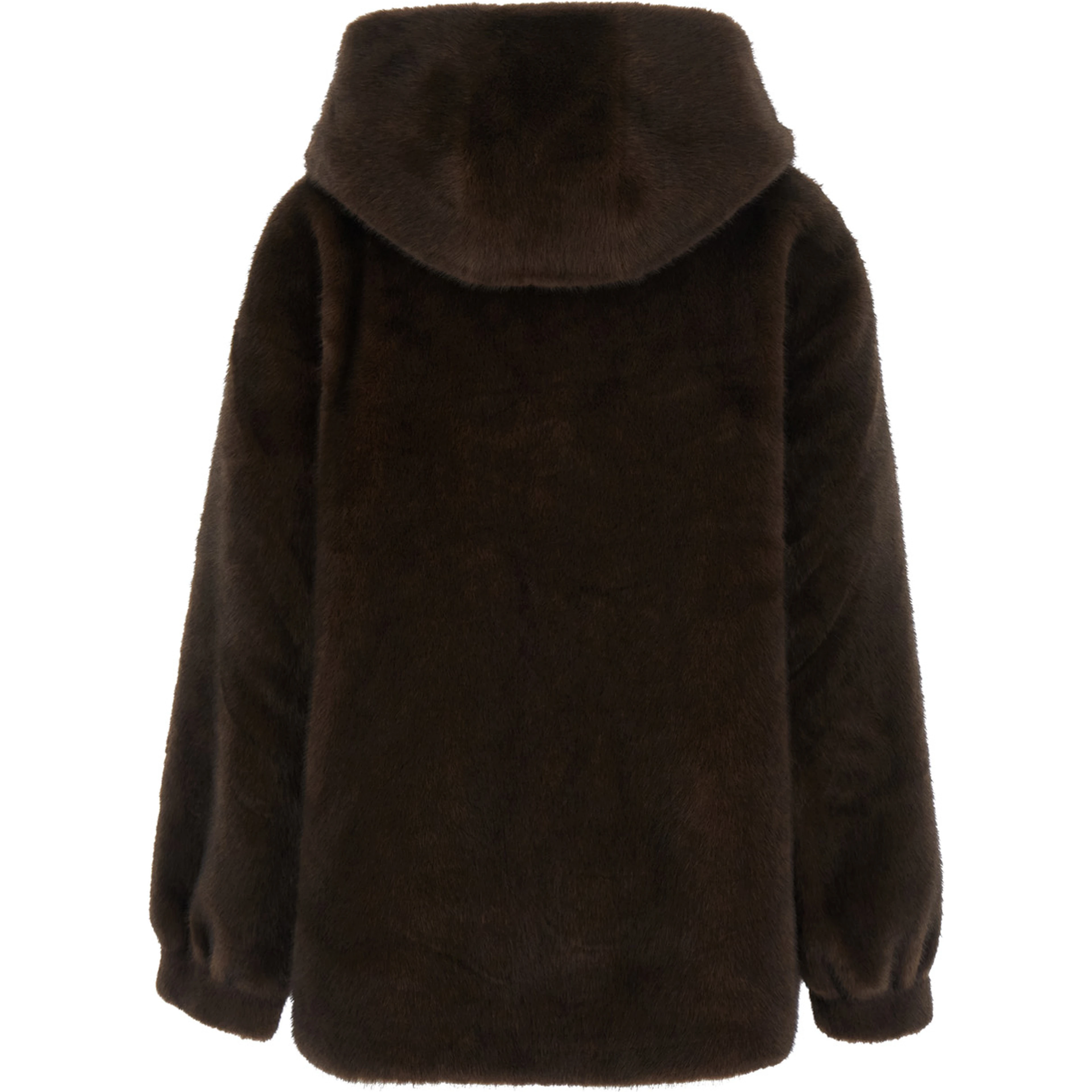 Brown Fur Hooded Coat with Front Drawstring in Eco Fur for Women