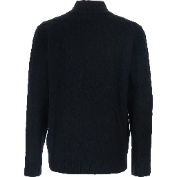 High Neck Sweater with Pony Embroidery on the Front and Half Zip Closure in Black Wool and Cashmere for Men