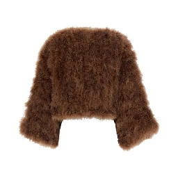Beige Short shearling jacket with round collar and three-quarter sleeves in fur for women