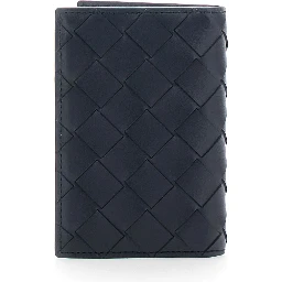 Blue Cardholder with Intreccio design and yellow stripe in leather for men