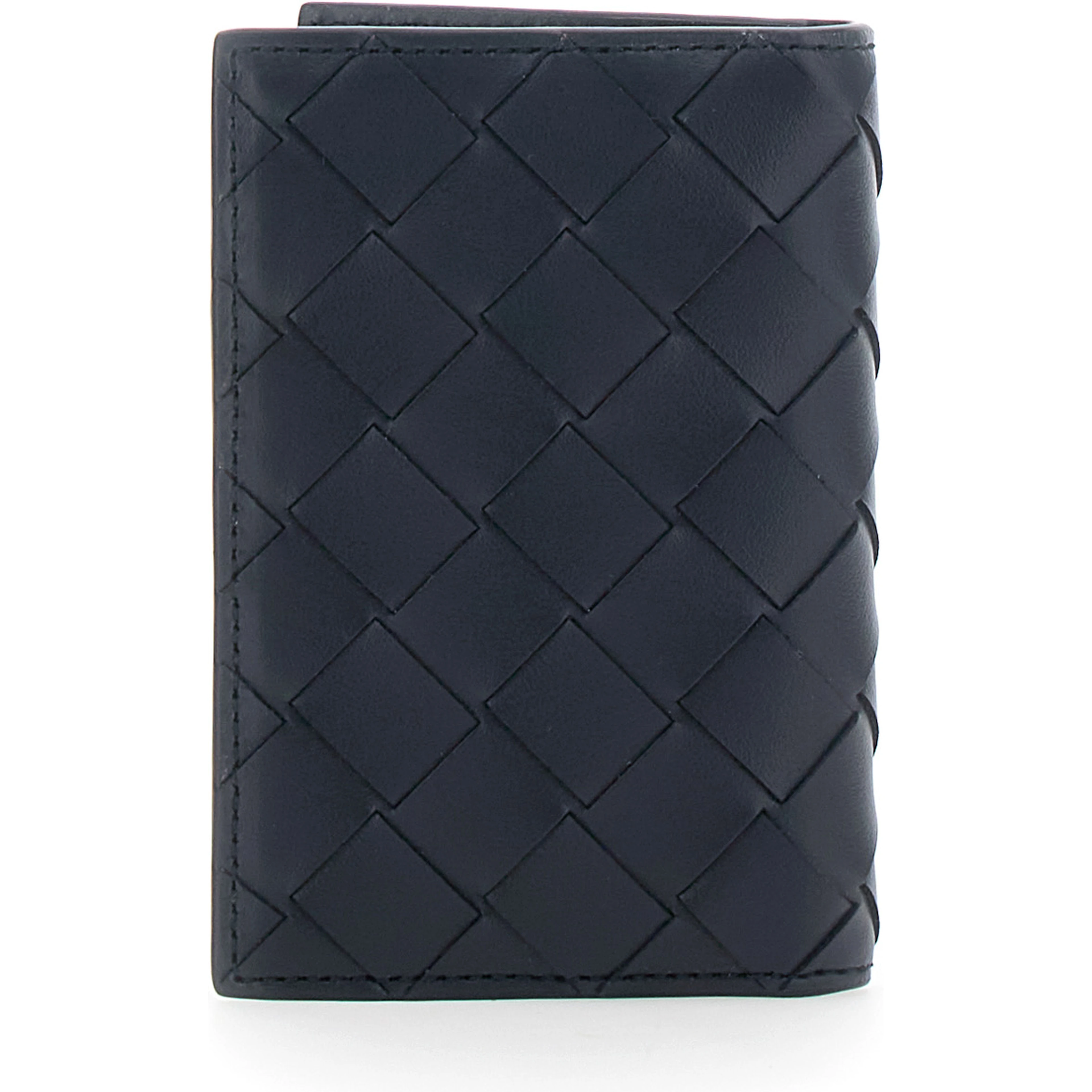Blue Cardholder with Intreccio design and yellow stripe in leather for men