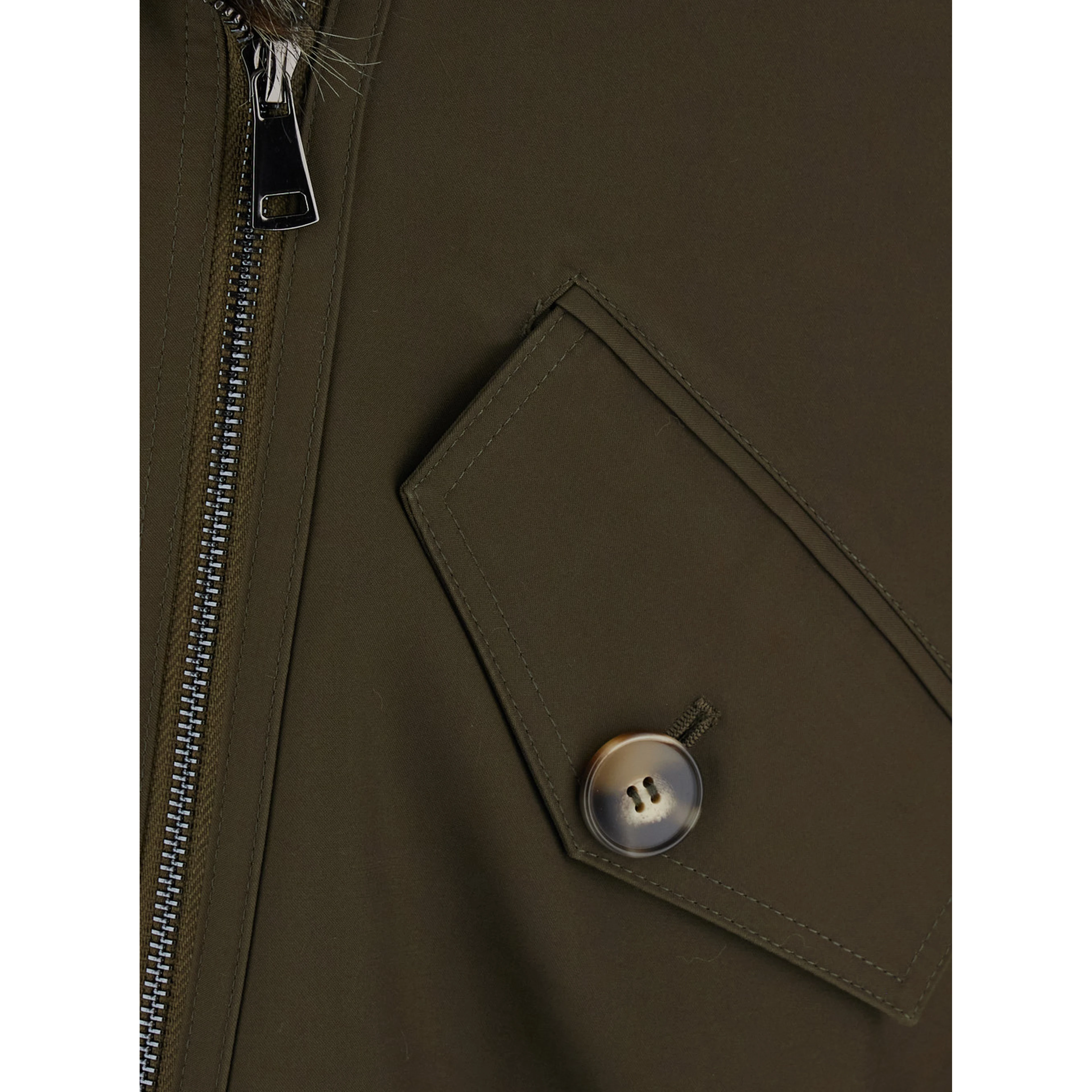 Green Jacket with wide fur collar and off-center zip closure on the front in cotton for women