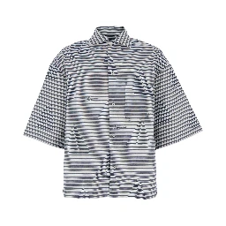 La Chemise Plage Blue Bowling Shirt with Sailboat Stripe Motif in Cotton for Men