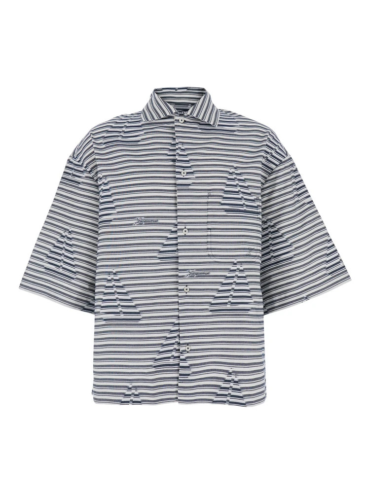 La Chemise Plage Blue Bowling Shirt with Sailboat Stripe Motif in Cotton for Men