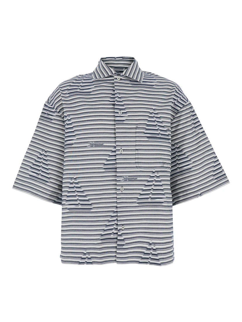 La Chemise Plage Blue Bowling Shirt with Sailboat Stripe Motif in Cotton for Men