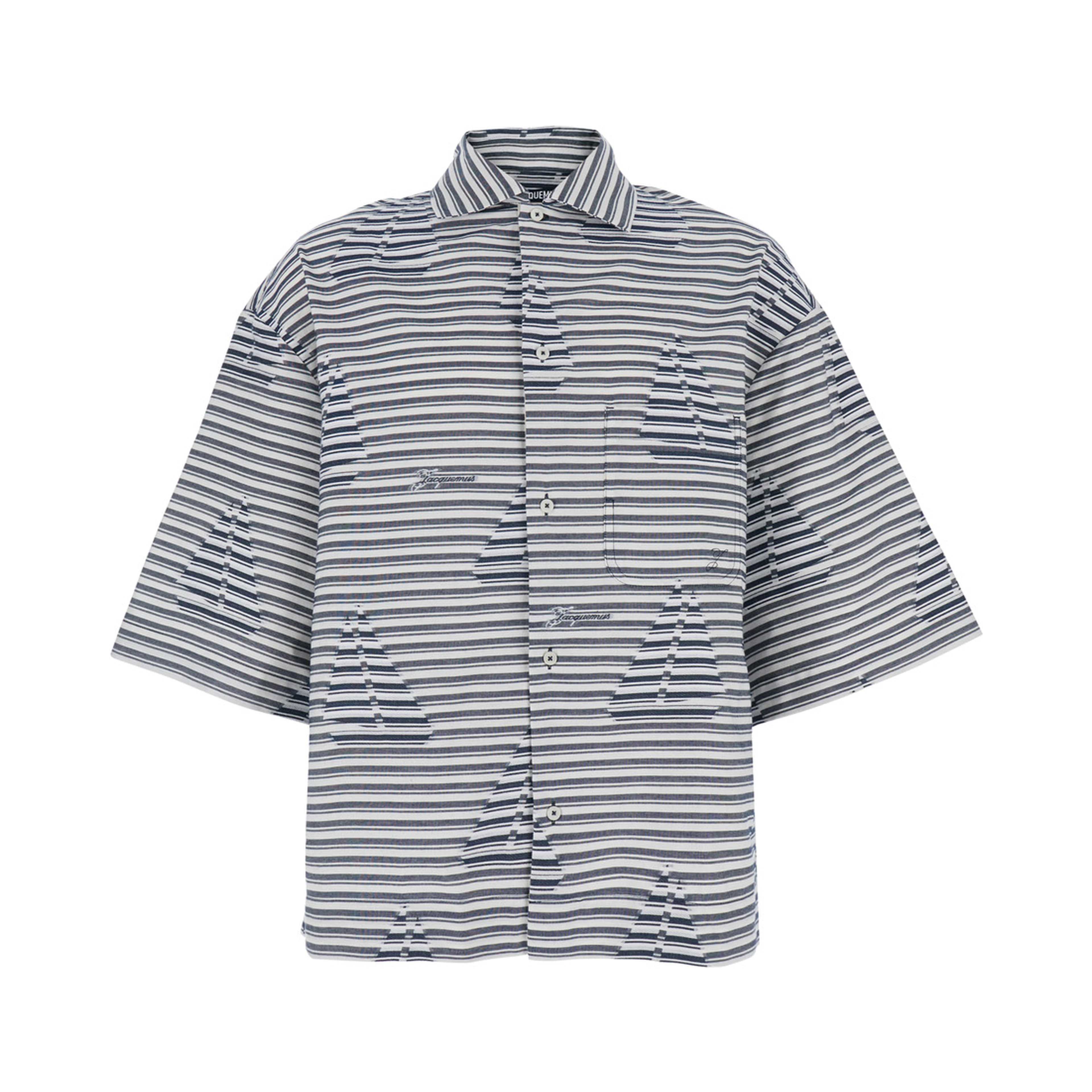 La Chemise Plage Blue Bowling Shirt with Sailboat Stripe Motif in Cotton for Men