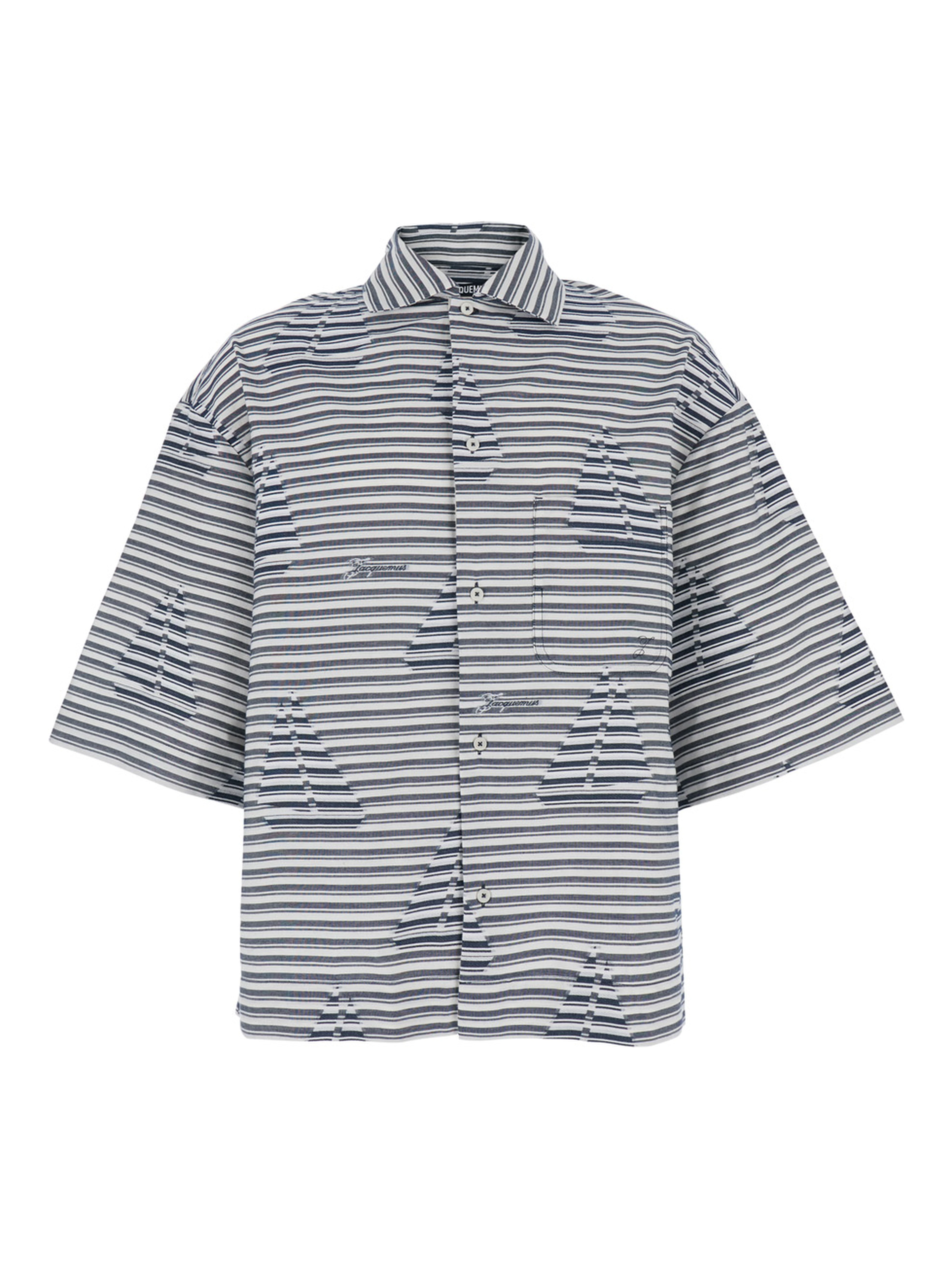 La Chemise Plage Blue Bowling Shirt with Sailboat Stripe Motif in Cotton for Men