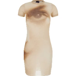 Beige Short dress with Face print in Tech Fabric for Women