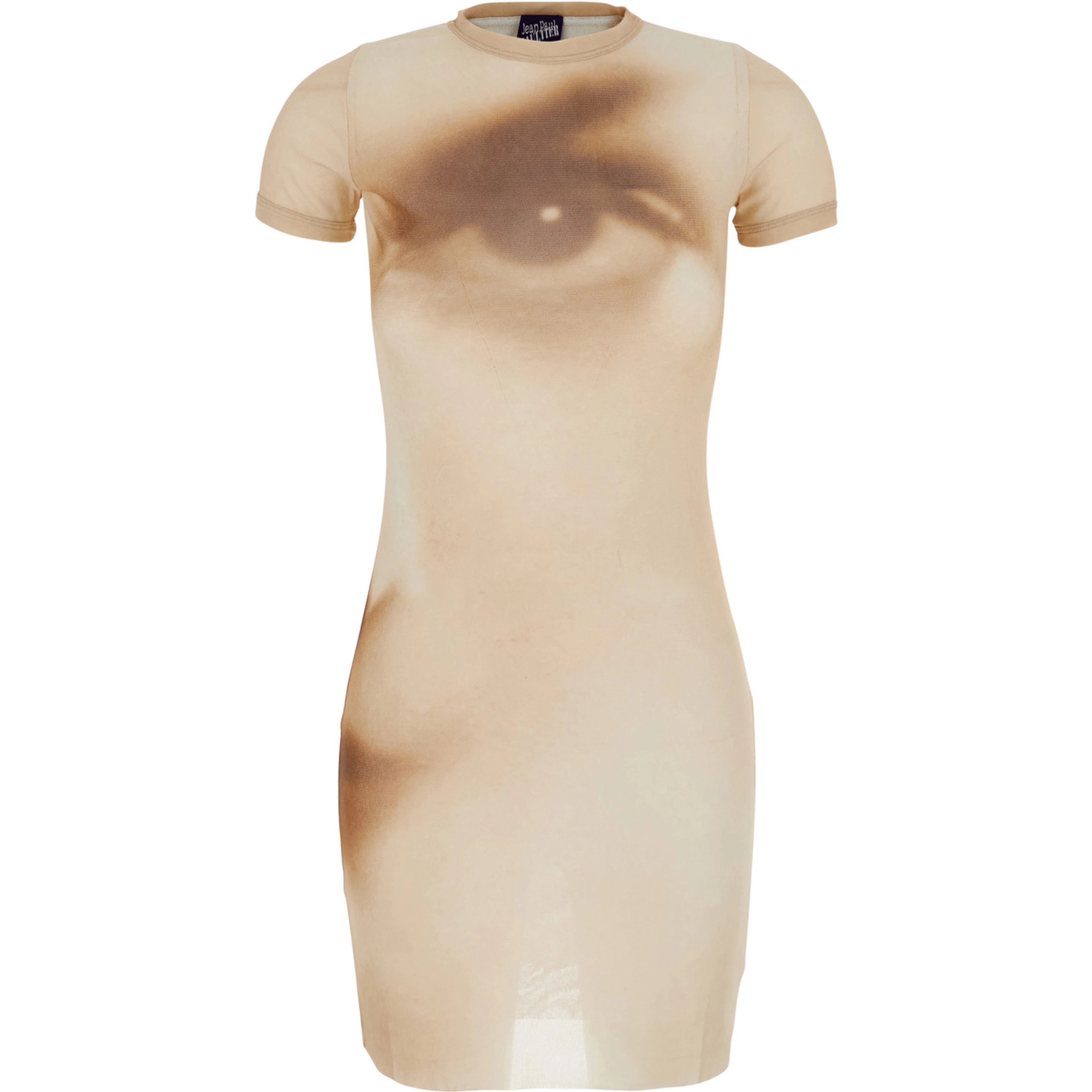 Beige Short dress with Face print in Tech Fabric for Women