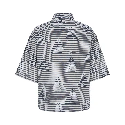 La Chemise Plage Blue Bowling Shirt with Sailboat Stripe Motif in Cotton for Men