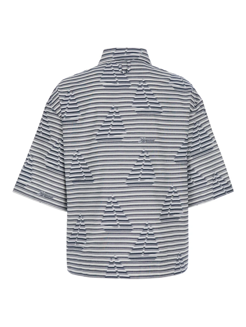 La Chemise Plage Blue Bowling Shirt with Sailboat Stripe Motif in Cotton for Men