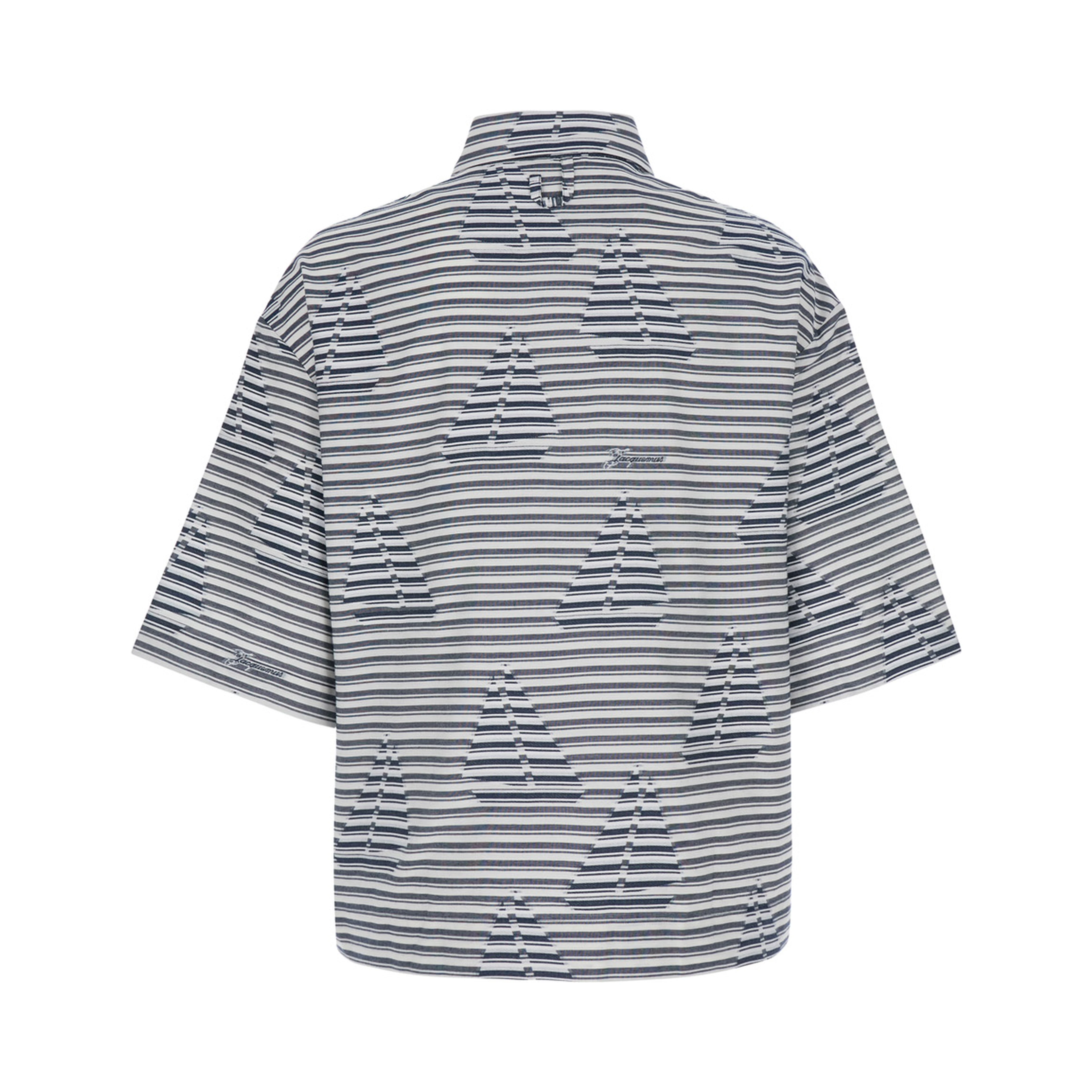 La Chemise Plage Blue Bowling Shirt with Sailboat Stripe Motif in Cotton for Men