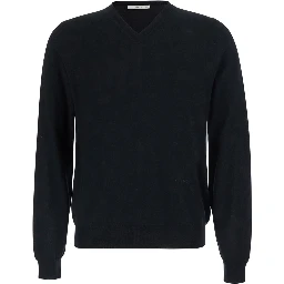 Black V-Neck Sweater with Logo Lettering on the Front in Wool for Women