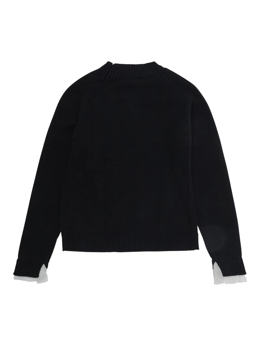 Black Crewneck sweater with ribbed trims and logo plaque on the front in Blend wool and cotton Girl