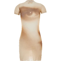 Beige Short dress with Face print in Tech Fabric for Women