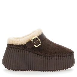 Brown Fur-Lined Mules with Buckled Strap in Suede for Women