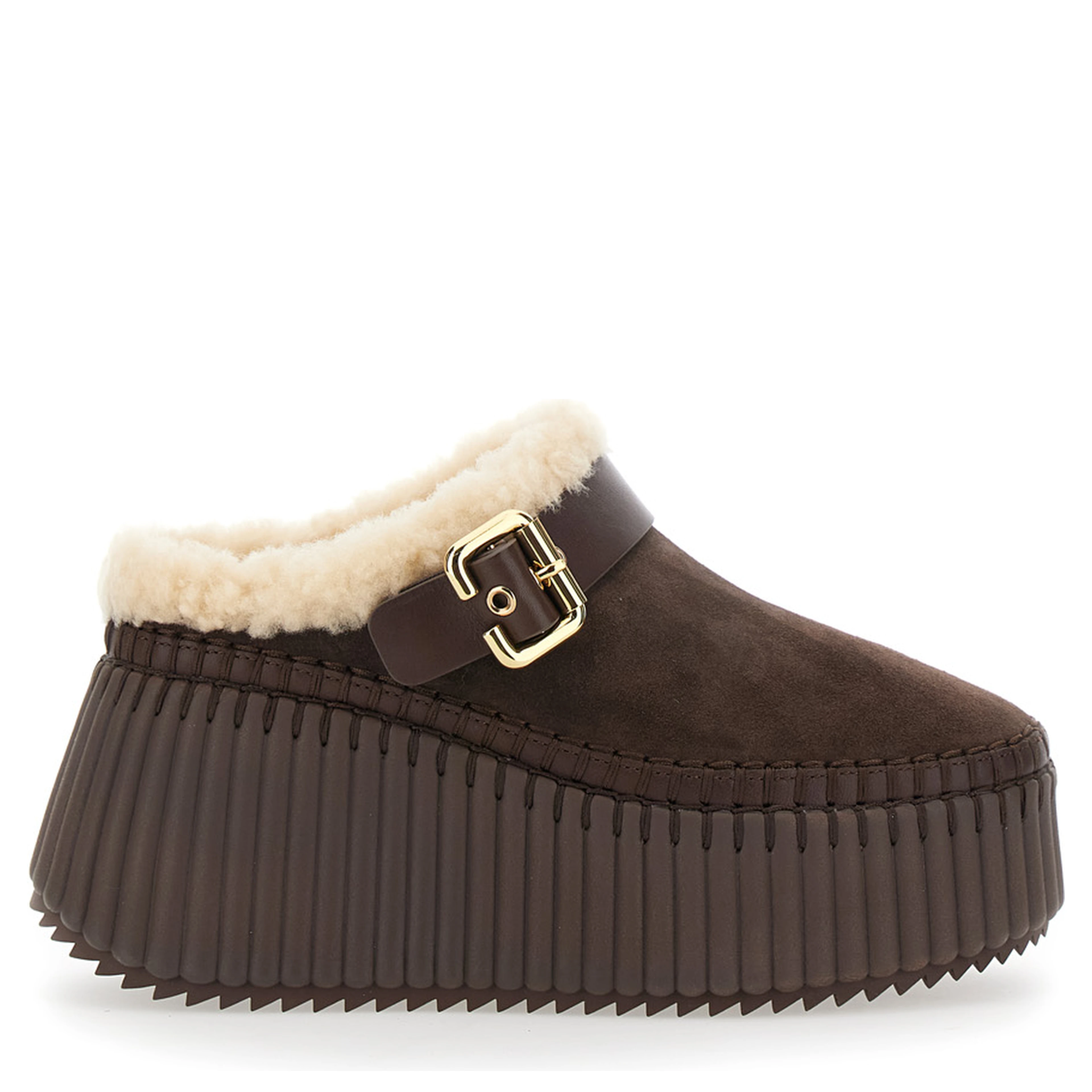 Brown Fur-Lined Mules with Buckled Strap in Suede for Women