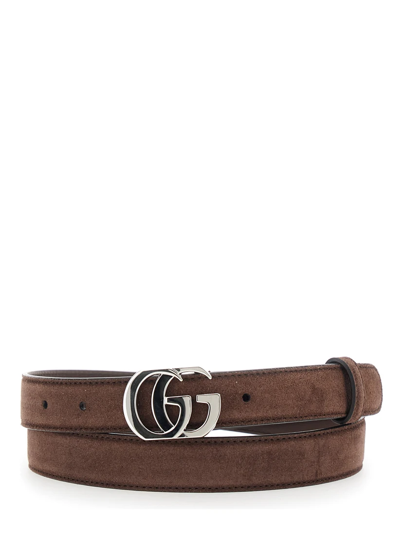 Brown Suede GG Buckle Belt for Women